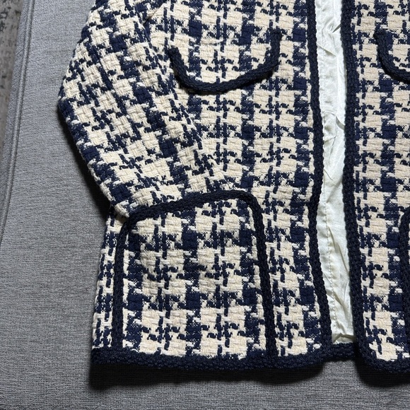 Tongse Studio Navy Cream Tweed Cotton Blend Jacket Medium Lined Open Front - Picture 8 of 10
